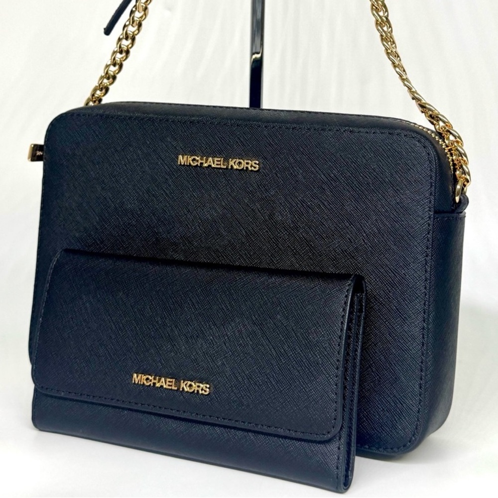 Michael Kors Jet Set Large Logo Crossbody Bag & Matching Trifold Wallet Black
